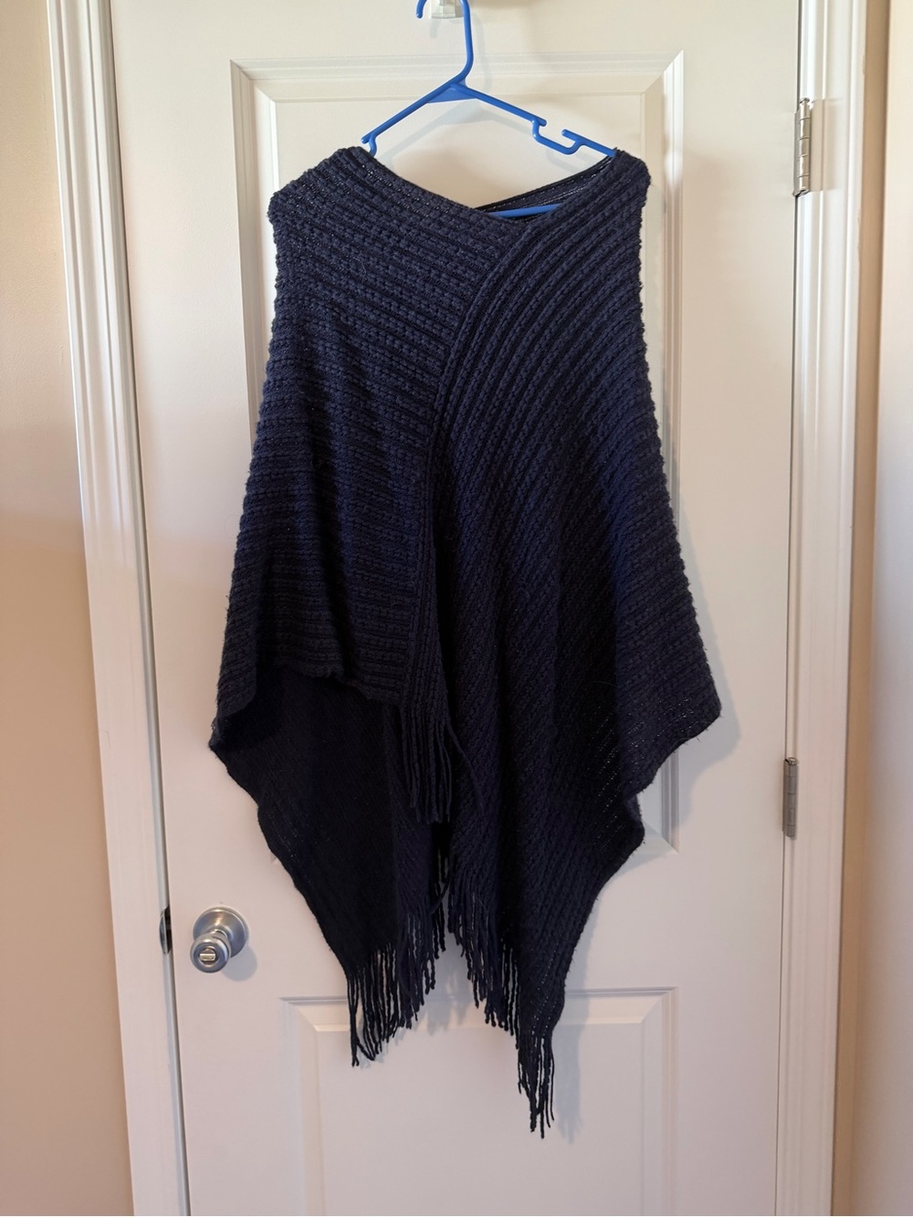 Women's Navy Knit Poncho with Fringe